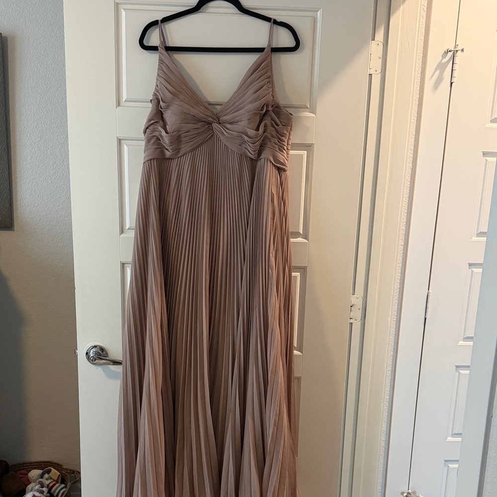 Azazie Taupe Maxi Dress with Pleated Skirt